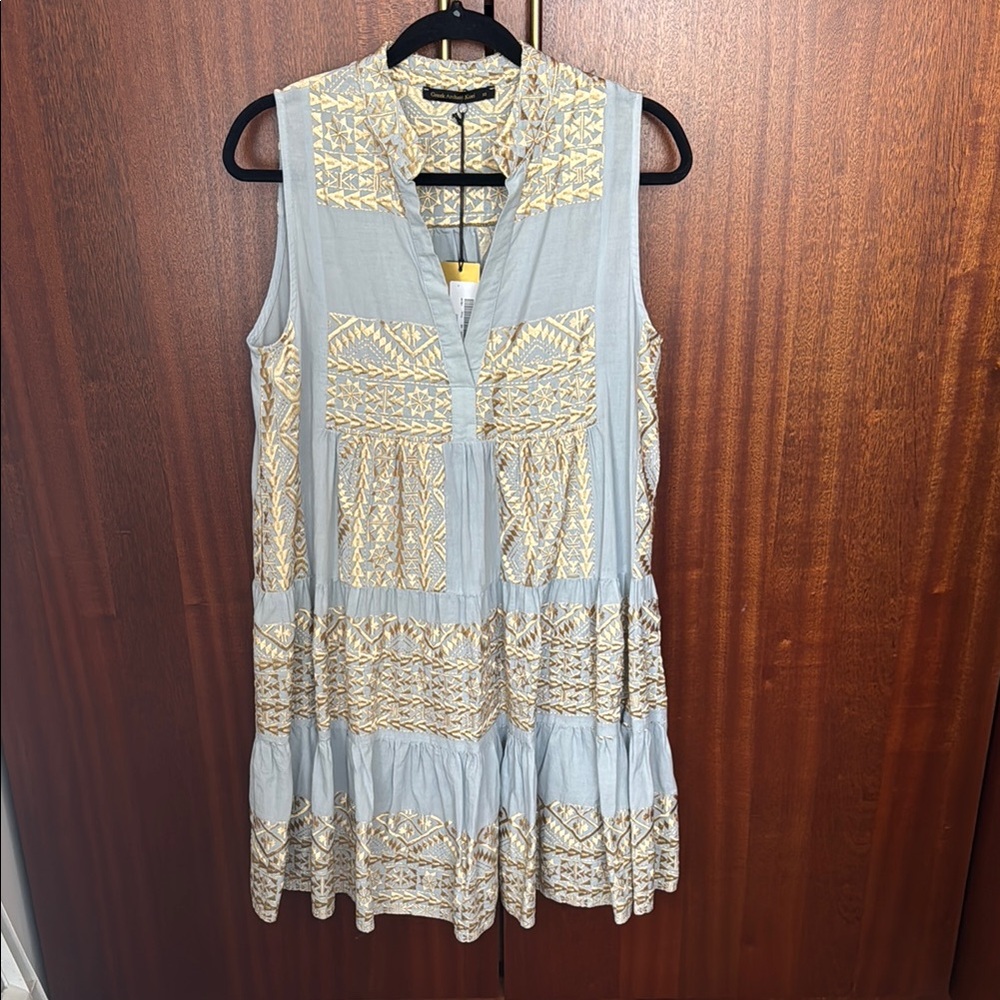 Greek Archaic Kori Sleeveless Patterned Dress in Blue and Gold